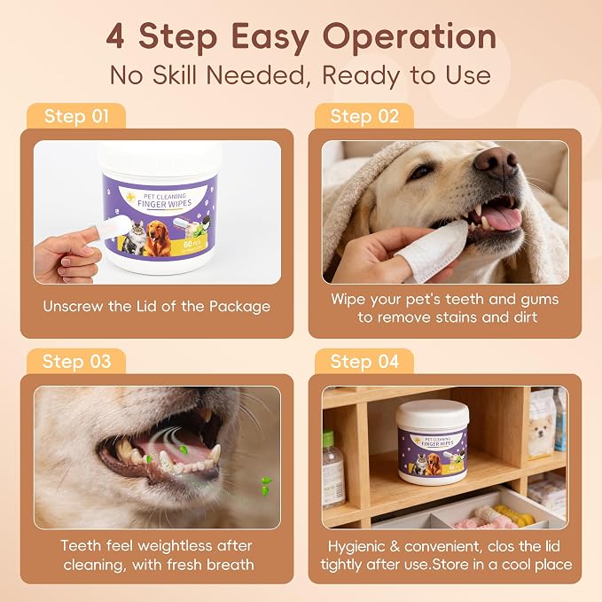 Dog Finger Cleaning Wipes, 60 Pcs Pet Dental Cleaning Finger Wipes Tooth Brushing Kit for Dogs Cats Plaque Tartar Remove, Dog Healthy Mouth Toothbrush Wipe for Pets Oral Care, Coconut Oil