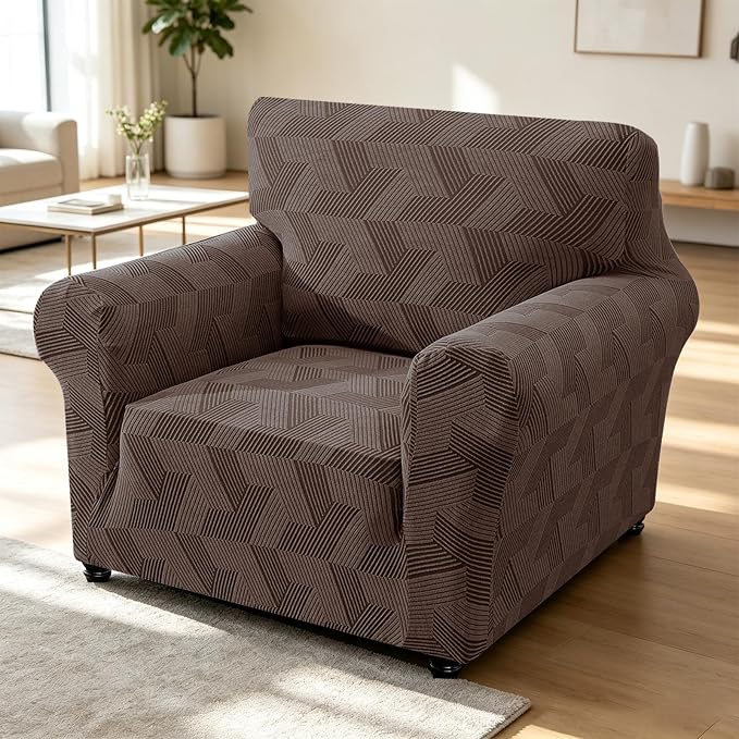 ZNSAYOTX Stretch Armchair Covers for, 1-Piece Chair Slipcovers for Living Room, Furniture Protector with Elastic Bottom for Dogs Cats Kids Geometrical Jacquard Fabric (Small, Brown)