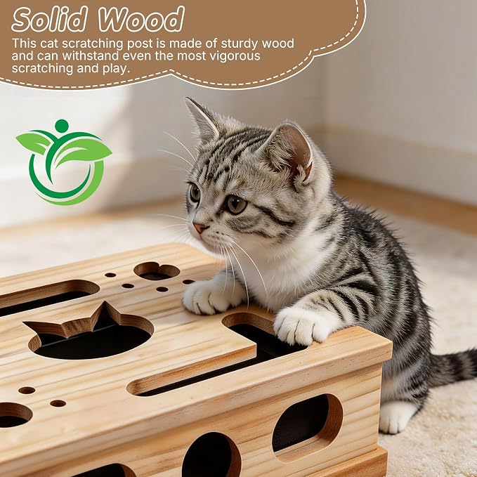 Wooden Cat Scratch Puzzle Enrichment Box, with 3 Balls & 1 Wand | Integrated Cat Nail File Scratcher with Sandpaper Liner - Stress Free Alternative to Clippers & Grinders for Indoor Cats (S)