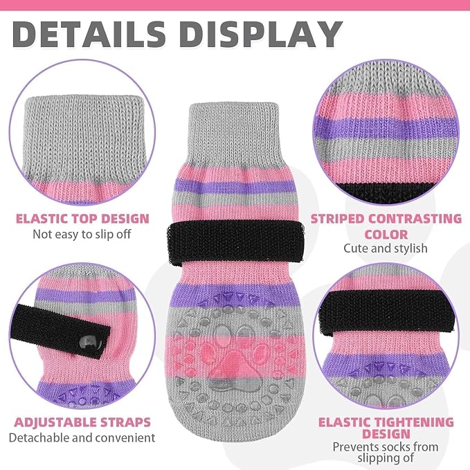 KOOLTAIL Anti Slip Dog Socks for Hot/Clod Pavement to Prevent Licking Paws with Grippers, 3 Pairs Paw Protector, Double Sides Stripe Dog Shoes Toe Grips for Small Medium Large Senior Dogs