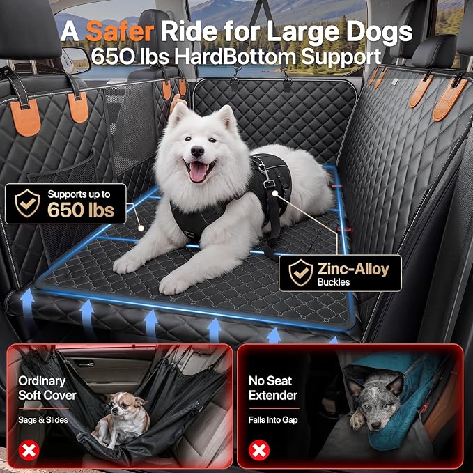 Doglike Hard Bottom Back Seat Extender for Dogs, 650LB Heavy Duty Support, Waterproof Dog Travel Bed with Removable Washable Mat, Mesh Window, Fits Mid-Size Sedans & Compact SUVs