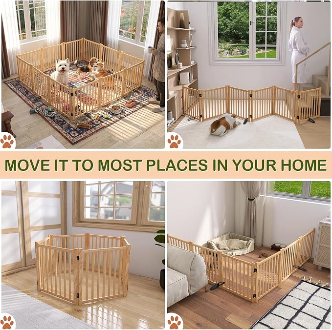 Wooden Freestanding Dog Gate Indoor - 23" H 6 Panels | Foldable Nature Wood Pet Gates for Doorways, No-Painted Doggie Fence for Stairs, Hallways
