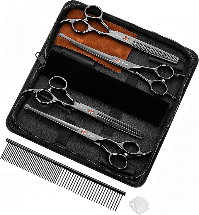 Fcysy 8-Piece Dog Grooming Scissors Set, 7 Inch Rounded Tip Pet Shears Kit | Straight, curved, thinning and chunker tools for trimming, contouring, blending and texturizing dog coats