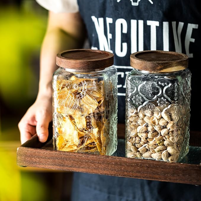 Vintage glass sealed storage jar with sealed wooden lid, Kitchen Storage glass food storage container for, coffee beans, oats, flour, cereal, food storage jar (2*plum blossom)