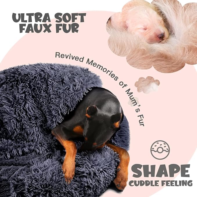 Himax Covered Large Dog Bed with Blanket Attached Calming Burrow Deep Grey | 35in Anti-Anxiety Donut dog bed with cover, Washable Round Fluffy Pet& Cat Beds for Indoor