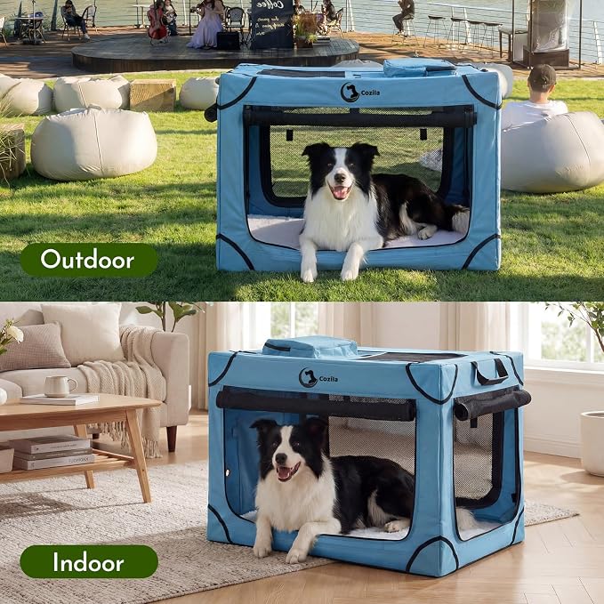 Portable Collapsible Soft Dog Crate for Extra Large Dogs,42in Blue | Oxford Cloth Travel Camping dog kennel with 4 Mesh Windows & 2 Storage Pockets,for Indoor & Outdoor Use