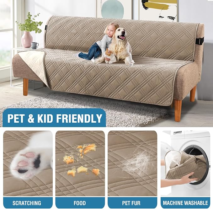 H.VERSAILTEX 100% Waterproof Futon Sofa Slipcover Reversible Sofa Cover Armless Futon Cover Soft Thicken Sofa Bed Pets Kids Dog Cat Fit Sitting Width Up to 70", Taupe/Beige
