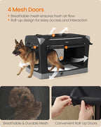 Feandrea Collapsible Dog Crate, Portable Oxford Fabric Pet Travel Crate with 4 Mesh Doors, Handles, Pocket, 42 Inches, for Large Dogs, Ink Black and Dove Gray UPDC031BH01