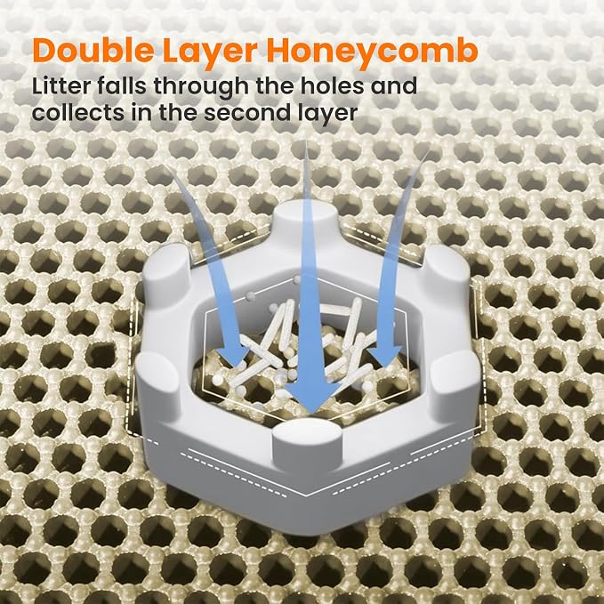 Extra Large Cat Litter Mat XXL, Double Layer Honeycomb, Beige | 46x26”, Reduces Litter Tracking, Easy to Clean, Waterproof, Non-Slip, Soft on Paws, Scratch Resistant, Beige, XXL