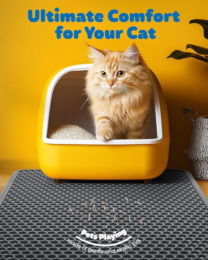 Powools Cat Litter Mat, 23.2 x 14.6 in, Waterproof, Non-Slip, Grey | Litter Trapping Mat, Easy to Clean, Litter Box Mat, Urine-Proof, Cat Toilet Training Systems Accessories, Indoor Cats
