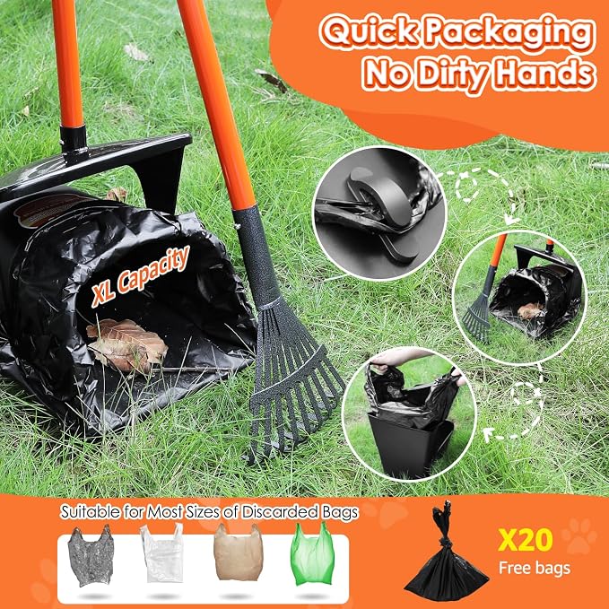 SlowTon Dog Pooper Scooper - 37.4" Long Metal Handle Adjustable Rake & Spade & Swivel Bin with 20 Waste Bags, Portable Pooper Scooper for Gravel Lawn Grass, Suit for Small Medium Large Dog | Adjustable, Portable, Non Breakable, with 20 Waste Bags, Swiv...