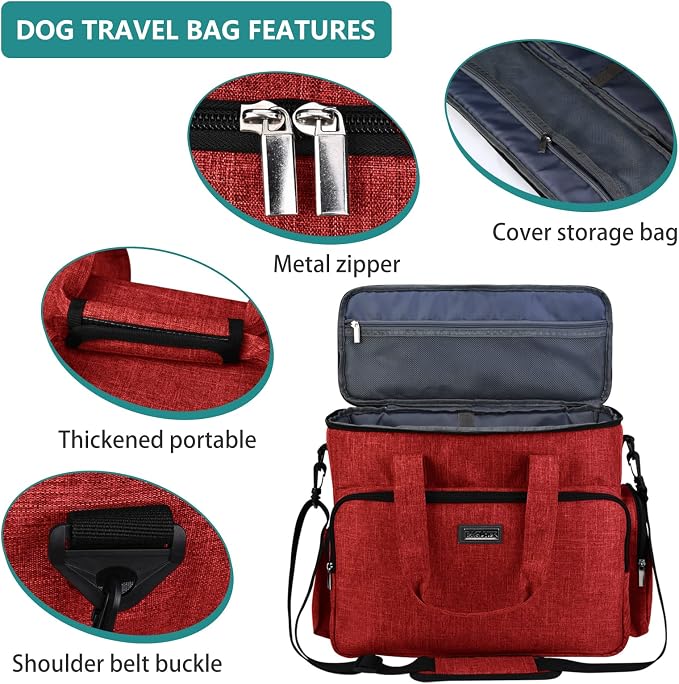 BAGLHER Dog Travel Bag, Pet Travel Bag (ALL Pet Travel Supplies), With 2 Pet Food Containers and 2 Collapsible Silicone Bowls; Essential Kits for Pet Travel Red