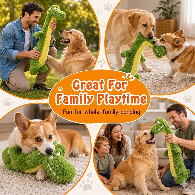 Squeaky Dog Plush Chew Toy, Interactive Tug Squeaky Toy for Chewers, Medium & Large Dogs & Fetch Play, 18.5 In Stuffed Long-Neck Crocodile Toy with Soft Plush Body for Gentle Gum Care & Boredom Relief