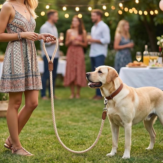 Mile High Life Dog Leash Braided Cotton Rope w/Leather-Wrapped Ends/Handle | Rust-proof 360° swivel clasp, Heavy-duty for medium/large dogs. Great for weddings, daily walks (4 FT, 1/2", Light Brown)