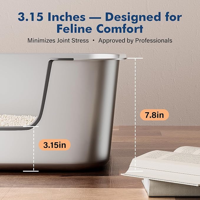 Qiuma Stainless Steel Cat Litter Box with Low Entry, Large Metal Kitty Litter Box for Senior or Injured Cats, Odor-Free, Non-Stick, Easy to Clean, 23.4"x15.6"x7.8", for Multiple Cats