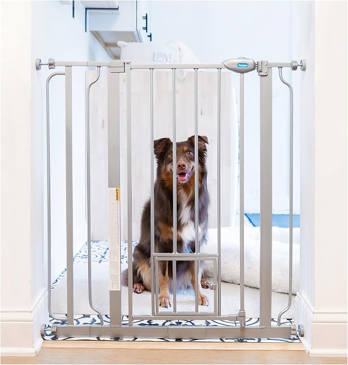 Carlson Extra Tall Walk Through Pet Gate with Small Pet Door, Includes 4-Inch Extension Kit, 4 Pack Pressure Mount Kit and 4 Pack Wall Mount Kit, Platinum, Gray