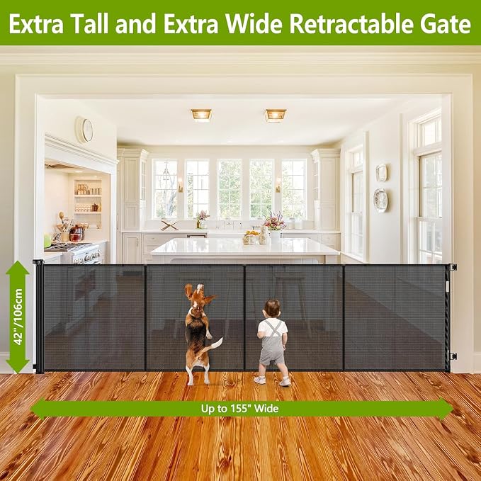 Reinforced 42" Tall 155" Wide Retractable Fence Outdoor Retractable Gate | Tall Baby Gate Garage Gates for Dogs, Space-Saving, Easy to Use, Scratch-Resistant Mesh, Safety Lock, Easy Install, Black