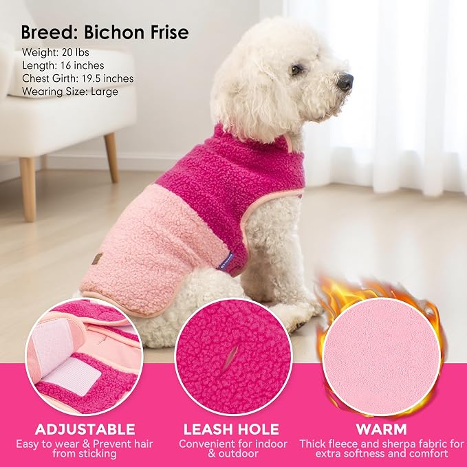 cyeollo Warm Dog Coat Sherpa Dog Winter Coat, Reversible Fleece Dogs Jackets Sweater Vest for Small Dogs Male with Leash Hole, Soft Cold Weather Pet Clothes, Rose Red L