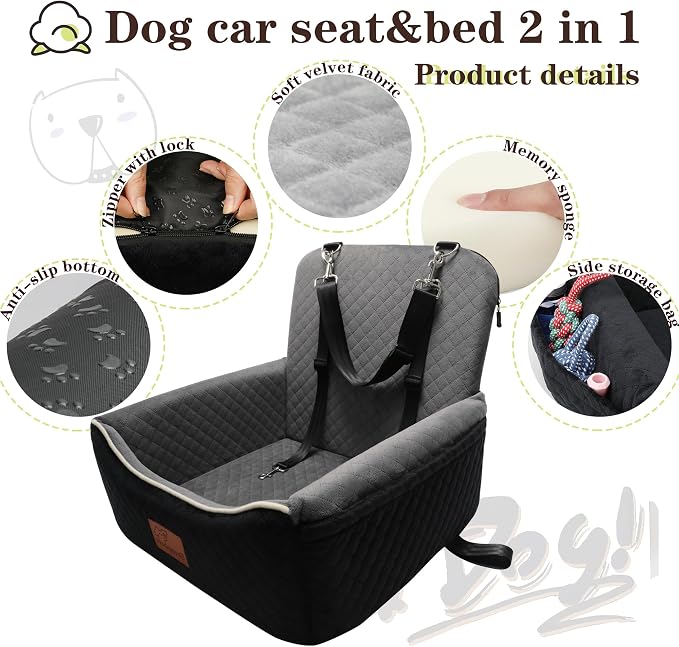 Dog Car Seat Bed 2 in 1 for Small/Medium Dogs up to 35 lbs,Adjustable Safety Leashes,Memory Foam with Soft Fabric Pets Travel Car Bed,Easily Installed in Front and Back seat,Removable and Washable.