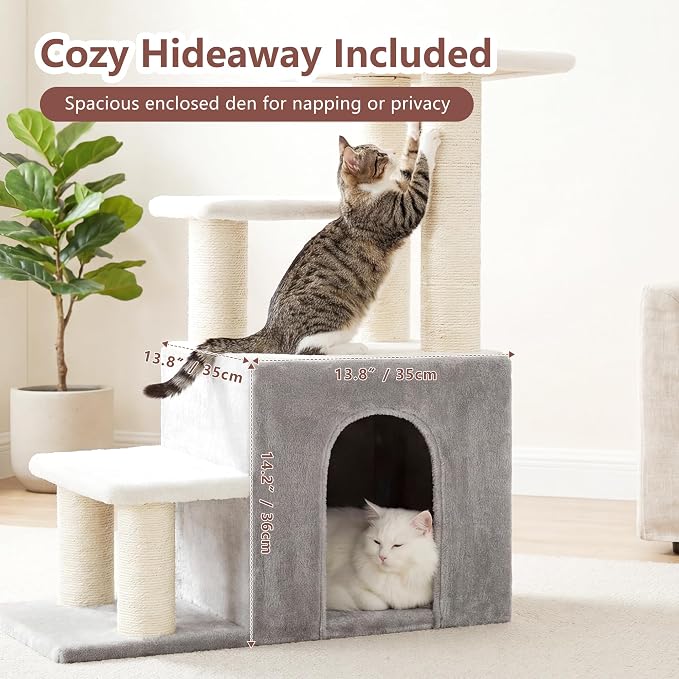 Heybly Cat Scratching Post, Pet Steps for Indoor Cats and Dogs, HSP002SWWH | Small Cat Tree with Cat Condo, Pet Stairs with Full Wrapped Sisal Posts & Soft Plush Fabric, Light Gray & White