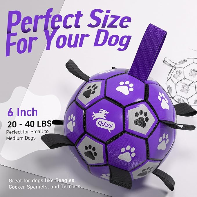 QDAN Soccer Ball for Dogs with Straps, Large Dog Balls, 8 Inch Puppy Toys | Outdoor Herding Balls for 30-90 lbs Dogs, Interactive Soccer Toy for Interactive, Dog Ball Toy to Keep Them Busy, Purple