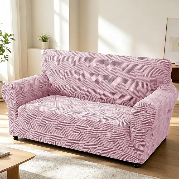 ZNSAYOTX Stretch Couch Covers for 2 Cushion Couch, 1-Piece Loveseat Covers Sofa Slipcover, Furniture Protector with Elastic Bottom for Dogs Geometrical Jacquard Fabric (Medium, Dusty Pink)