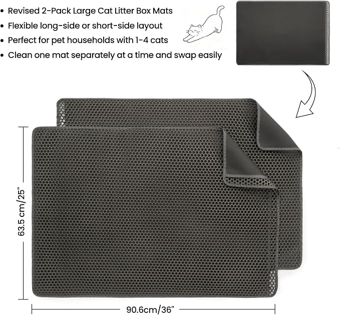 Cat Litter Mat, 35x25in 2 Pack, Large Litter-Trapping Litter Box Mats | Extra Large Waterproof Kitty Litter Catcher Mat, 2-Layer Honeycomb, BPA-Free Cat Mat, Easy Lift & Dump, Rinse or Vacuum, Gray
