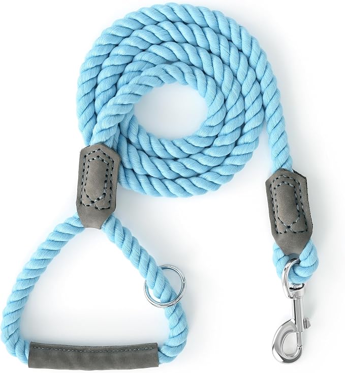 Mile High Life Dog Leash Braided Cotton Rope w/Leather-Wrapped Ends/Handle | Rust-proof 360° swivel clasp, Heavy-duty for medium/large breeds. Great for weddings, daily walks (6 FT, 1/2", Sky Blue)