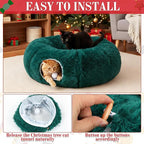 Cat Tunnel Christmas Tree Skirt Large Soft Plush Tunnel Bed Under Christmas Tree for Indoor Cats 36 Circle Donut Tube Bed with Central Mat for Cat Puppy Rabbit Kitten Xmas Gifts(Green)