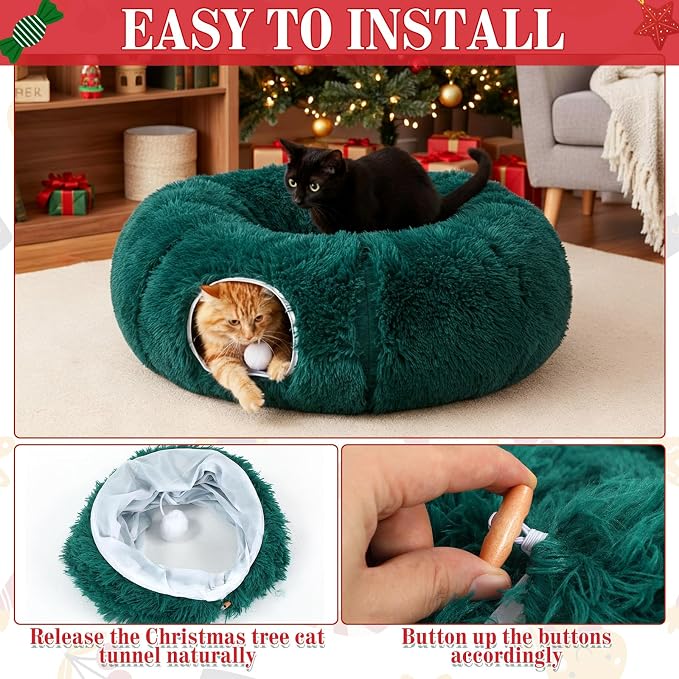 Cat Tunnel Christmas Tree Skirt Large Soft Plush Tunnel Bed Under Christmas Tree for Indoor Cats 36 Circle Donut Tube Bed with Central Mat for Cat Puppy Rabbit Kitten Xmas Gifts(Green)