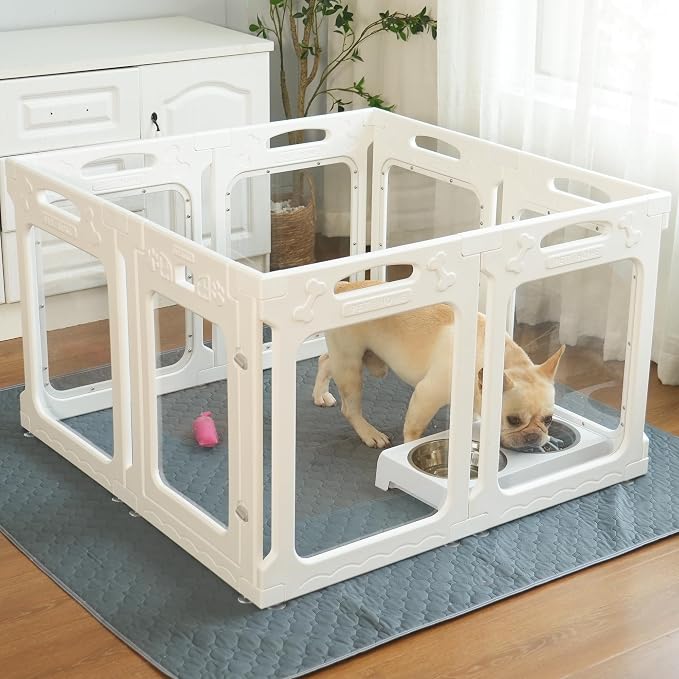 Clear Acrylic Dog Playpen Indoor, Expandable Size & Flexible Shape, Ideal for Small & Toy Dogs, White