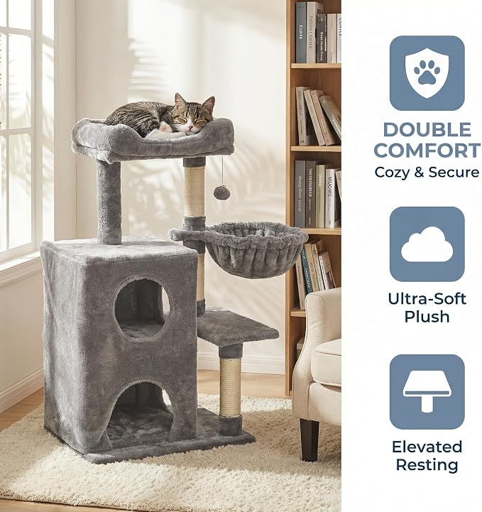 Fansafurn Cat Tree Tower for Indoor Cats, 36-inch Adult Cat Tree House for Large Adult Cats with Steps, Scratching Post, 2 Cat Condo, Dangling Toys, Light Grey
