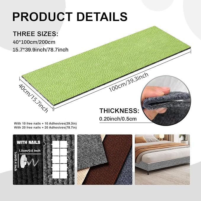 Cat Scratch Couch Furniture Protector from Cat Claws, Green, 39.3x15.8In | Heavy-Duty Cat Scratching Mat Pad for Sofa Corners, Walls, Doors-with 10 Pins