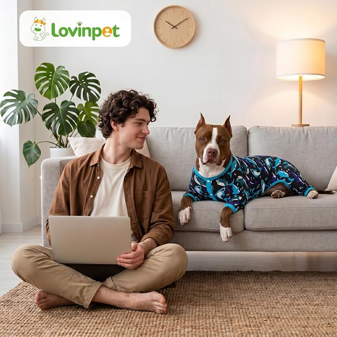 LovinPet Large Dog Shirt - Pet Anxiety Relief, Anti-Shedding Dog Pajamas, Lightweight Stretchy Fabric, Whale Hello There White Print, Large Pitbull Pajamas, Pitbull Clothes All Season/XL