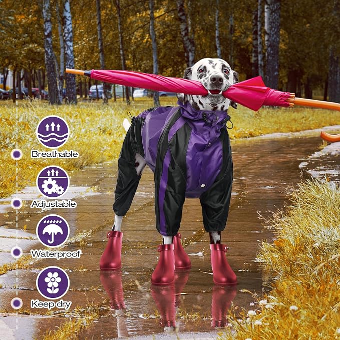 Dog Raincoat, 4 Leg Waterproof Dog Rain Jacket with Hood, Purple M | Rain Coat For Small Dogs, Doggy Poncho With Leash Hole, Snap Buttons, For Rainy Snowy Weather Walks, Hiking, Camping