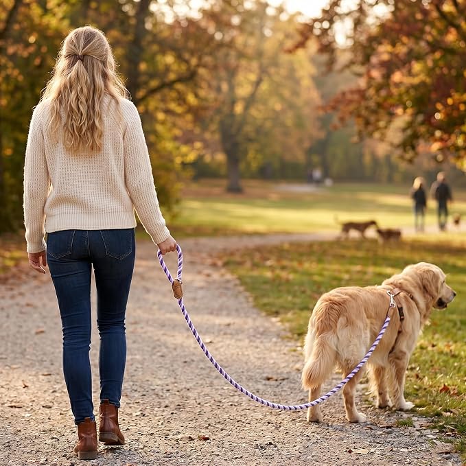 Mile High Life Rainbow Dog Leash Braided Cotton Rope w Leather-Wrapped Ends | Rust-proof 360° swivel clasp, Heavy-duty for medium/large breeds. Great for weddings, daily walks (4FT, 1/2", Purple)