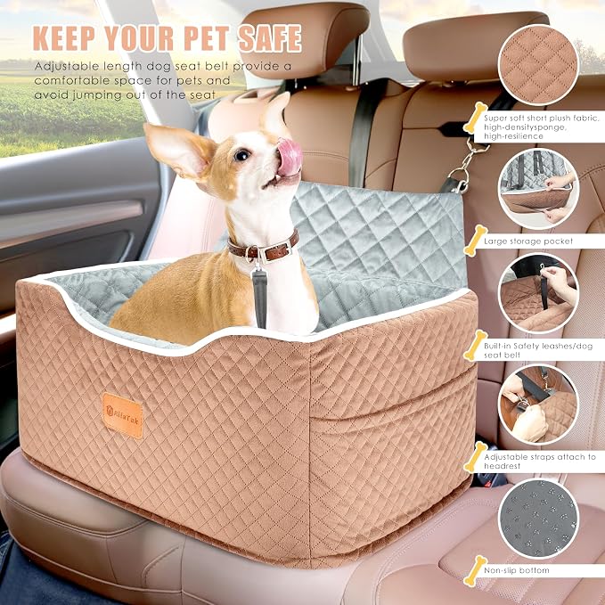 AlfaTok Dog Car Seat, Memory Foam Booster for Medium Dogs up to 45 lbs, Detachable Washable Elevated Travel Bed with Anti-Slip Base and Safety Belt