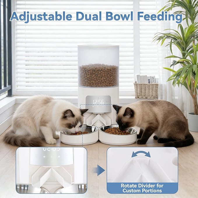 Sweetcrispy Automatic Cat Feeder for 2 Cats, 6L Automatic Pet Feeder, White | 25.3 Cups, 2 Stainless Bowls, Programmable Schedule, 6 Meals/Day, 50 Portions/Meal, Dual Power Supply, 10s Meal Call