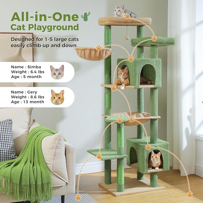 69" Cactus Cat Tree for Indoor Cats Large Adult, Multi-Level Cat Tower | Multi-Level Cat Tree with Scratching Posts, Soft Padded Perch, 2 Dangling Toys