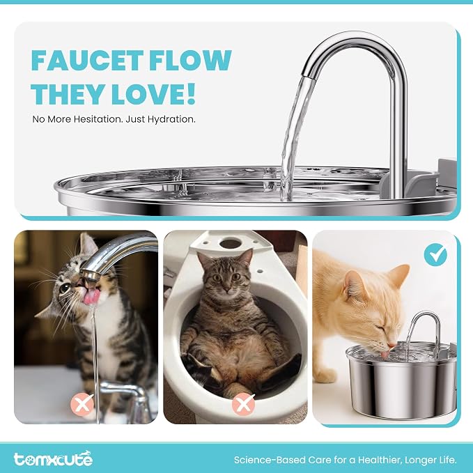 Tomxcute Cat Water Fountain, 3.2L/108oz Automatic Stainless Steel Pet Fountain Dog Water Dispenser, Ultra-Quiet Pump and 3 Replacement Filters & for Cats, Dogs, Multiple Pets