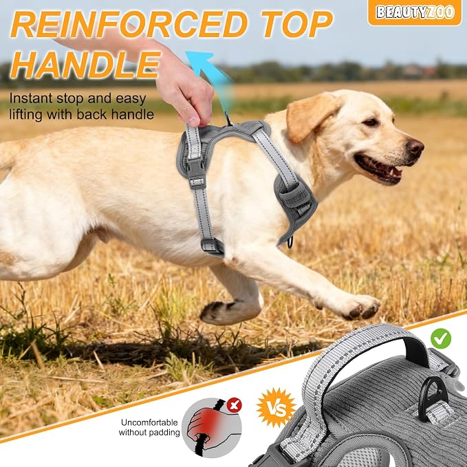BEAUTYZOO No Pull Dog Harness Large, Adjustable Dog Harness and Leash Set -Easy Wearing with 3 Buckles/Control Handle,No Choke Soft Padded Reflective Pet Vest for Training Walking Hiking,Grey L