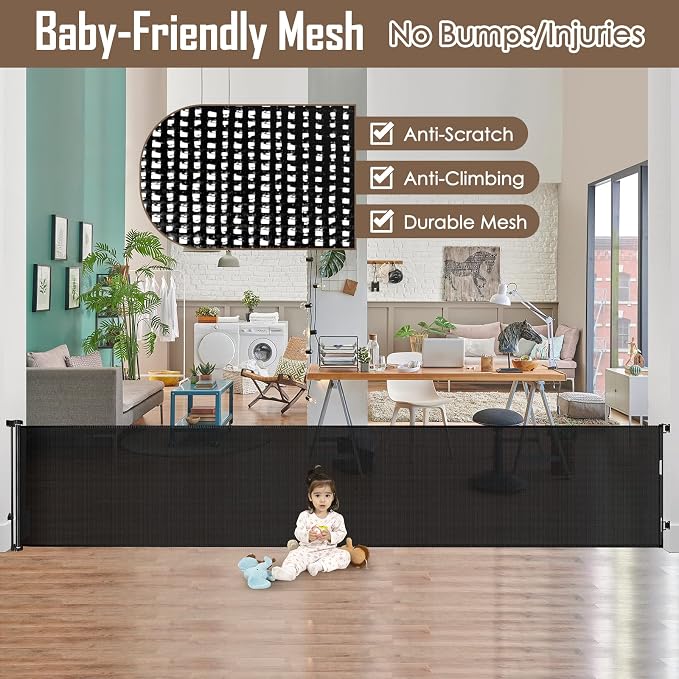 185" Extra Long Baby Gates for Large Openings, Retractable Dog Gate, Black | Indoor/Outdoor Retractable Gate for Garage/Deck/Living Room, Space-Saving, Easy to Use Safety Lock, Sturdy Mesh, Easy Install
