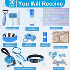 30 Pcs Puppy Supplies Starter Kit for Small Dogs Essentials No Pull Dog Harness, Collar, Leash Set, Toys, Water Bottle, Pet Grooming Kit, Puppy Accessories for Welcome Gift (Blue,Elephant)
