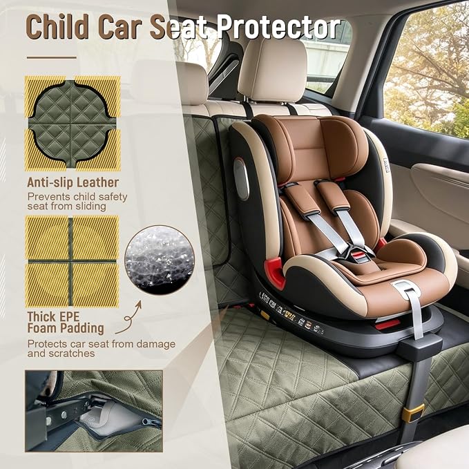 Pet Bench Seat Covers for Trucks, Heavy Duty Nonslip Car Seat Protector with ISOFIX Openings for 1-2 Child Car Seats,Fits Ford 150,Ram 1500,GMC Sierra,Toyota,Ram,Chevrolet Silverado(Green)