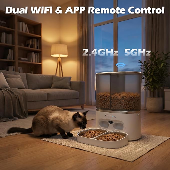 Automatic Cat Feeder with Camera, Automatic Dog Feeder Dry Food, 8L Dual Hopper Auto Cat Food Dispenser, 1080P HD Video with Night Vision/2-Way Audio/APP, 5G WiFi Pet Feeder with Low Food Tray-White