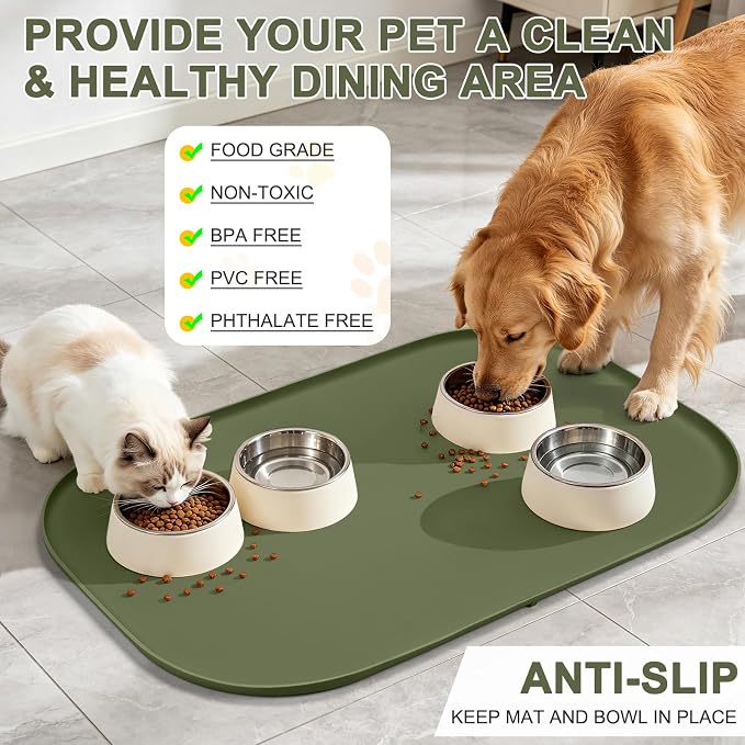 36" x 24" x 1" Extra Large Silicone Pet Food Mat with Raised Edge for Food and Water Bowl, Dog Feeding Mats, Cat Food Trays for Floor Waterproof, Rubber Tray for Dogs and Cats, Light Olive Green