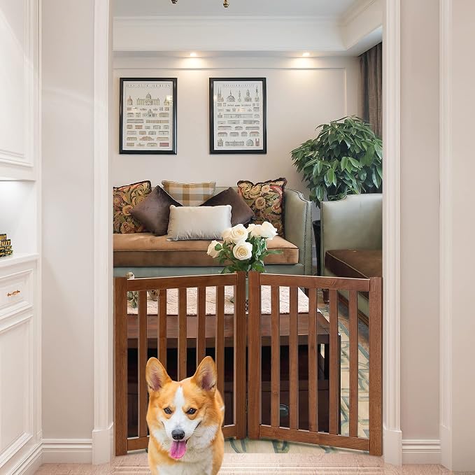 LZRS Wooden Free Standing Dog Gate 40" W x 24" H, Foldable Solid Hardwood Pet Safety Fence for House Doorways, Stairs, Hallways, Step-Over Pet Barrier, No Drill Easy Setup, Brown Oak