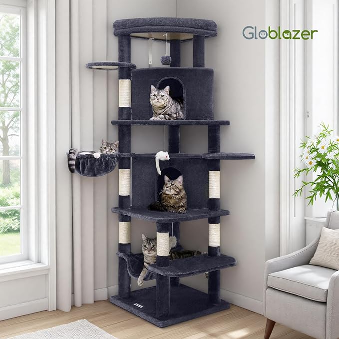 Globlazer Corner Cat Tree for Large Cats, 66inch Tall Curved Series Large Cat Tower for Multiple Indoor Cats with 6 Scratching Posts, 2 Spacious Cat Condos, Hammock, Hanging Basket, C66, Dark Grey