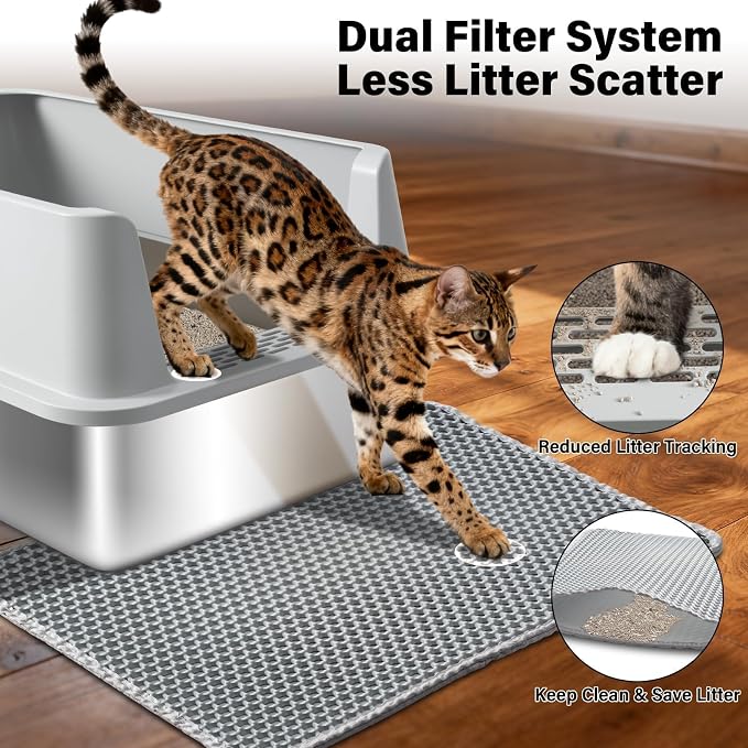 Stainless Steel Litter Box, Extra Large Cat Litter Box for Big Cats | High Sided, Anti-Urine Leakage, Easy Clean, Odor-Free, Non-Sticky, Includes Scoop & Mat