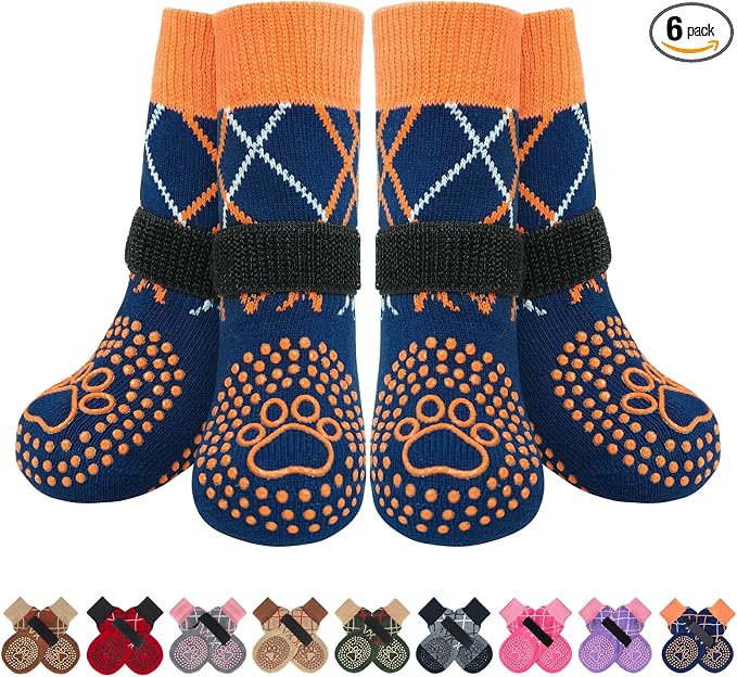 BEAUTYZOO 6PCS Dog Socks to Prevent Licking Paws, Anti Slip Dog Shoes for Hot Pavement Hardwood Floors, Traction Control Toe Grips Boots & Paw Protectors for Small Medium Large Senior Dogs, Blue M